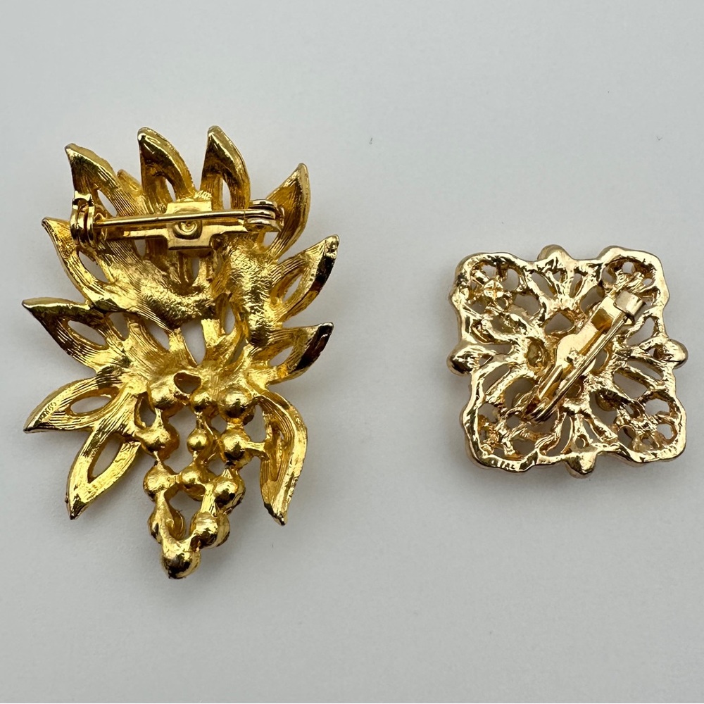 Vintage Rhinestone Gold Tone Brooch Pins Bundle of 2 Estate Costume Jewelry Lot - Picture 6 of 10